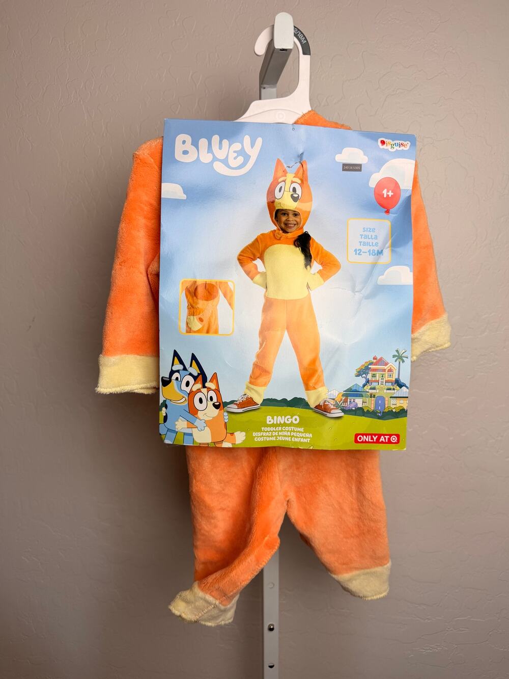 Bluey Bingo Toddler Costume 12-18 Months Plush Jumpsuit Hood Halloween NWT